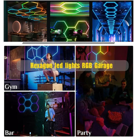 Hexagon LED Garage Light With Remote Control RGB Color Changing Panel Ceiling Light Waterproof High Brightness installed at a bar and gym