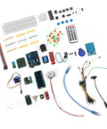 Electronic Components Starter Kit With Basic Repair Tools And Stepper Motor Servo For R3 Projects Packed With Wireless Communication Modules And Identity Authentication Features For Quick Hands On Learning. R3 board and modules on white background
