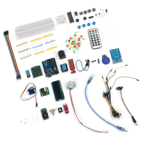 Electronic Components Starter Kit With Basic Repair Tools And Stepper Motor Servo For R3 Projects Packed With Wireless Communication Modules And Identity Authentication Features For Quick Hands On Learning. R3 board and modules on white background