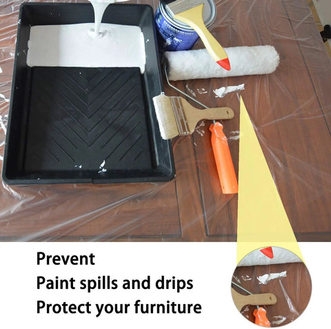 Heavy Duty Disposable Painter Drop Cloths 9x12 Feet Waterproof Clear Plastic Tarp with painting setup on wood surface