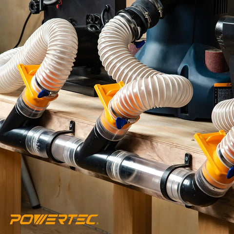Installed Two And A Half Inch Y Fitting For Dust Collection Hose Connector showing splitter connected to workshop vacuum system