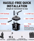 Rugged Under Sink Utility Pump System Offering Dead Simple Basement Drainage With Solid Cast Aluminum Basin And Zero Fuss Worry Free Performance Rated At 2900 GPH Flow Capacity installation diagram with labeled components and accessories.
