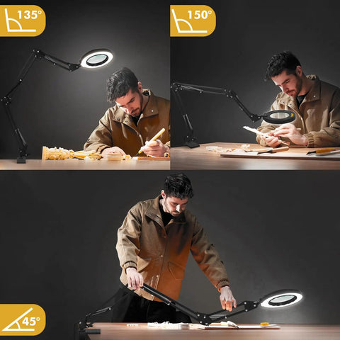 Ultra Long Swing Arm Desk Magnifier With Light 12X For Close Detail Work in use, mounted on desk with articulated arm