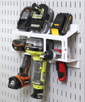 Pegboard Drill Holder Storage Rack for Wall Control Pegboard Compatible, holds up to three drills or power tools and three spares.