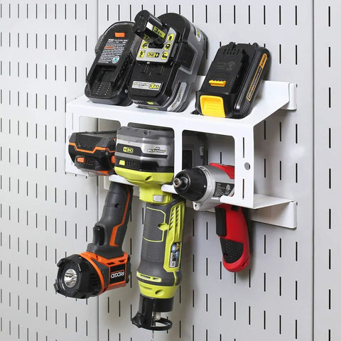 Pegboard Drill Holder Storage Rack for Wall Control Pegboard Compatible, holds up to three drills or power tools and three spares.