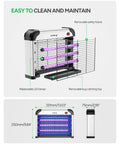 Indoor Bug Zapper With 3 Long Life LED Bulbs Energy Saving Mosquito Killer That Attracts With Dual Wavelength LEDs High Voltage Electric Fly Trap Fly Killer For Home Quiet Powerful Pest Zapper MA009 showing removable safety frame and bug catching tray