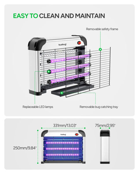 Indoor Bug Zapper With 3 Long Life LED Bulbs Energy Saving Mosquito Killer That Attracts With Dual Wavelength LEDs High Voltage Electric Fly Trap Fly Killer For Home Quiet Powerful Pest Zapper MA009 showing removable safety frame and bug catching tray