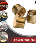 Brass 1/2 in NPT male to 1/4 in NPT female reducing pipe fittings, three pieces.