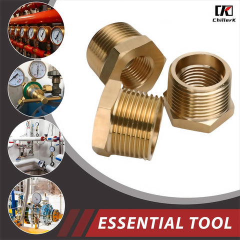 Brass 1/2 in NPT male to 1/4 in NPT female reducing pipe fittings, three pieces.