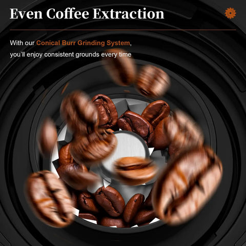 Wancle Electric Conical Burr Coffee Grinder With 25 Adjustable Grind Settings For Espresso Drip And French Press showing coffee beans in motion.