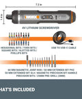 Diagram showing dimensions and included accessories of 4V Lithium Cordless Screwdriver Kit With 30 Piece Accessory Pack, Easy To Use Electric Driver.