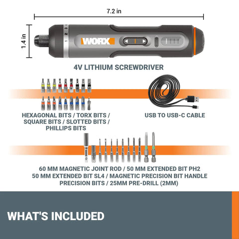 Diagram showing dimensions and included accessories of 4V Lithium Cordless Screwdriver Kit With 30 Piece Accessory Pack, Easy To Use Electric Driver.