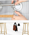 Hands attaching a ring to a silver drapery rod showcasing No Sweat Curtain Pull Wands 46 Inch White Acrylic Drapery Rod Openers.