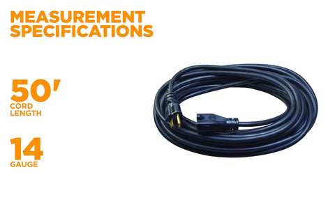 Heavy Duty Outdoor Extension Cord 50 Ft 14 Gauge 3 Conductor, Oil Resistant Vinyl Jacket, coiled with measurement specs