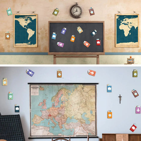 Classroom with 60 Pieces Travel Map Passport Cutouts with Glue Point Stickers World Travel Bulletin Board Decorations displayed