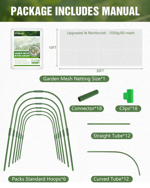 All In One Garden Netting Kit With Six Raised Bed Hoops, 10x30 Ft 60 Mesh Insect Netting, Bird And Cicada Shield For Greenhouses, Trees, And Veggie Plots, Includes 18 Clips And 12 Tubes