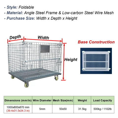 Built Strong Workhorse Collapsible Wire Mesh Storage Crate With Four Heavy Duty Swivel Casters And One Thousand Pound Capacity, foldable, steel wire mesh.