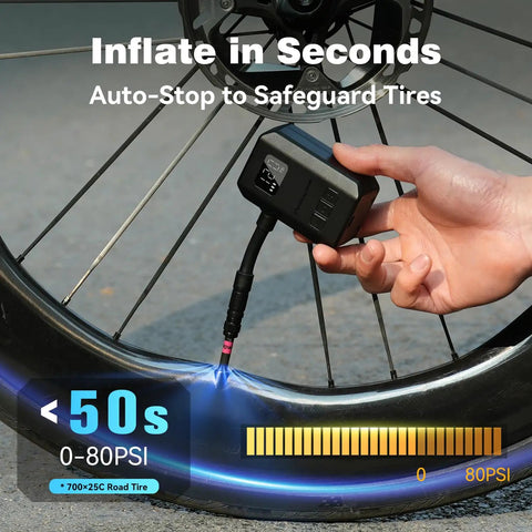 Mini Electric Bike Pump With Gauge And Auto Stop inflating bike tire with USB C, displaying <50 seconds, 0-80 PSI