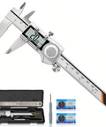 Digital Caliper 6 Inch All Metal IP54 Rated Tough As Nails With ABS Auto Off Inch mm Fraction Readout For 3D Printing And DIY Projects Dust And Water Resistant Tool With Spare Batteries shown with case and batteries