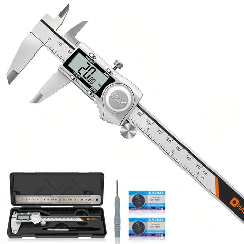 Digital Caliper 6 Inch All Metal IP54 Rated Tough As Nails With ABS Auto Off Inch mm Fraction Readout For 3D Printing And DIY Projects Dust And Water Resistant Tool With Spare Batteries shown with case and batteries