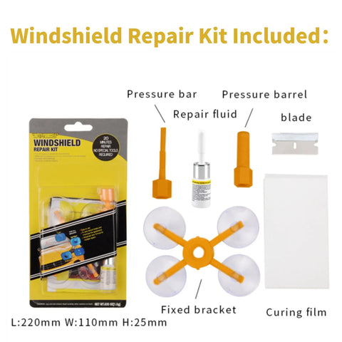 Pro Grade Windshield Crack Repair Kit Four Pack With Enhanced Injection Head And Suction Cup packaging and components