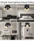 Three Light Matte Black Track Lighting Kit With Adjustable GU10 Heads installed in kitchen, bedroom, and living room settings