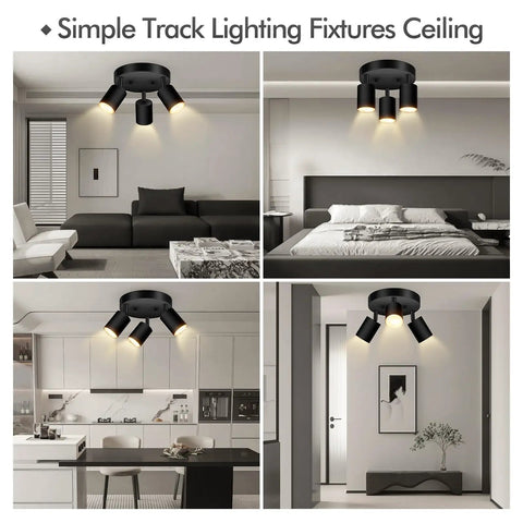 Three Light Matte Black Track Lighting Kit With Adjustable GU10 Heads installed in kitchen, bedroom, and living room settings