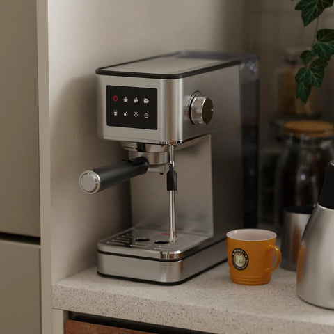 Top Shelf No Fuss 20 Bar Espresso Machine With Built In Grinder And Fast Milk Frother Stainless Steel All In One Coffee Maker Featuring Easy Lcd Display on countertop.