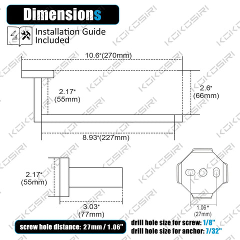 Dimensions diagram of Brushed Gold Towel Bar Wall Mounted Hand Towel Holder For Bathroom And Kitchen Stainless Steel Rustproof