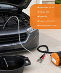 Grease Monkey Approved 12 Volt Electric Oil Extractor Pump With 60 Watt Motor and reinforced hose clamps positioned near a car engine for fluid transfer.