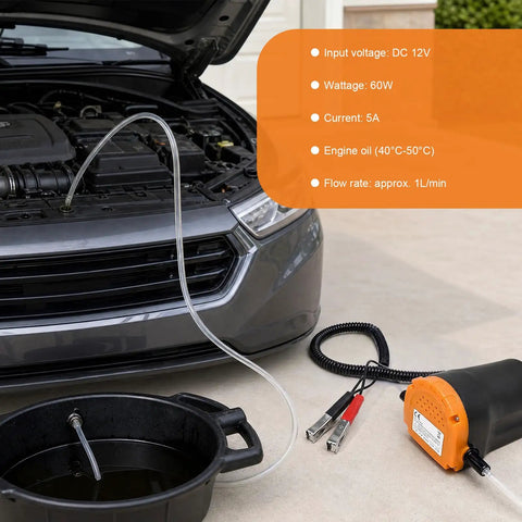 Grease Monkey Approved 12 Volt Electric Oil Extractor Pump With 60 Watt Motor and reinforced hose clamps positioned near a car engine for fluid transfer.
