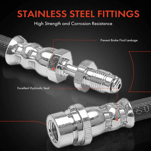 Close-up of stainless steel fittings on Front Brake Hydraulic Hose For Mazda 3 2004-2013 And Mazda 5 2006-2010 2012-2015.