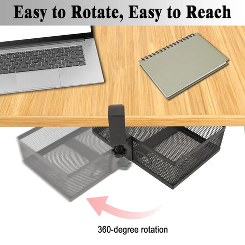 360 Degree Clamp-On Under Desk Swivel Organizer With No-Drill Install Sturdy Mesh Drawers demonstrating rotation under desk