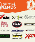 Logos of featured brands in the Mystery Tackle Box Inshore Saltwater Fishing Kit, including Z-Man, Googan Squad, and others.