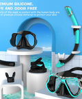 Dry Snorkel Set With Panoramic Wide View Anti Fog Mask For Adults And Kids, featuring a leak-free snorkel against a beach backdrop.