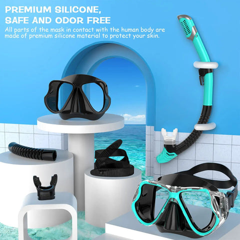 Dry Snorkel Set With Panoramic Wide View Anti Fog Mask For Adults And Kids, featuring a leak-free snorkel against a beach backdrop.