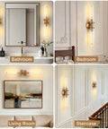 2-Light Gold Wall Sconces, Modern Bathroom Vanity Light with Glass Shades, displayed in bathroom, bedroom, living room, and staircase.