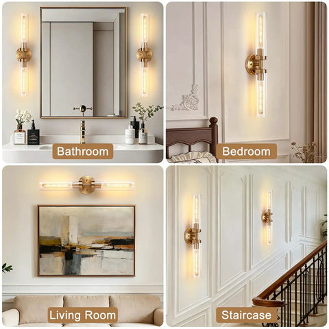 2-Light Gold Wall Sconces, Modern Bathroom Vanity Light with Glass Shades, displayed in bathroom, bedroom, living room, and staircase.