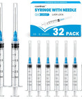 32 Pack 3ML Syringes Equipped With 23 Gauge 1 Inch Luer Lock Tips for lab supplies in clear plastic construction.