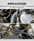 Get Sick Of Flimsy Hoses? Upgrade With This Badass Silicone Vacuum Tubing Kit That Has 6 Sizes In 10 Foot Rolls Plus 130 PSI Pressure Rating That Keeps Things Tight And Durable For Your Ride Without Breaking The Bank. black silicone vacuum tubing installed in automotive vacuum and turbo lines