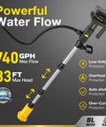 Heavy Duty Tough As Nails Cordless Stick Water Transfer Pump For Gasoline Diesel And Fuel Liquid Moving Tool Only Compatible With 20 Volt Power Tools No Sweat, showcasing 740 GPH capacity and 33 ft lift.