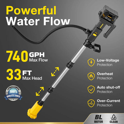 Heavy Duty Tough As Nails Cordless Stick Water Transfer Pump For Gasoline Diesel And Fuel Liquid Moving Tool Only Compatible With 20 Volt Power Tools No Sweat, showcasing 740 GPH capacity and 33 ft lift.
