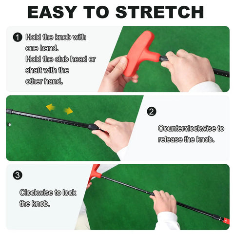 Steps showing how to adjust the shaft of the Adjustable Putter Mini Golf Set With Retractable 16 To 36 Inch Shaft, 2 Golf Clubs, 6 Balls, 2 Cups With Flags, Right Or Left Handed Battle Golf For All Heights, Beginners Friendly, Indoor And Backyard Fun.