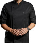 Men Half Sleeve Chef Coat In Soft Black Lightweight Stretch Jacket Breathable Kitchen Uniform featuring clever sleeve pocket, model holding a glass.