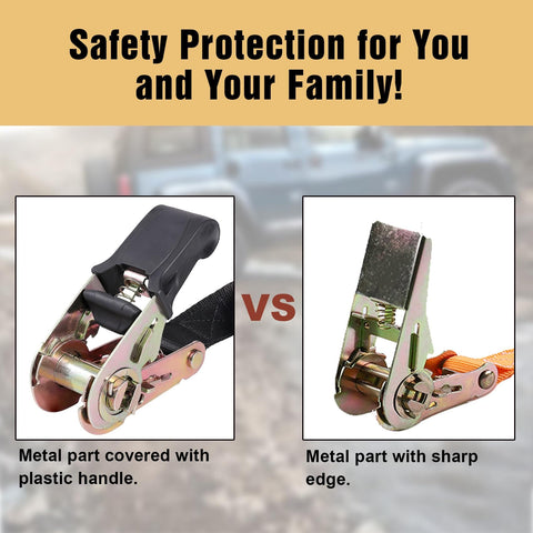 Comparison of Endless Ratchet Strap Set 1 Inch Wide Heavy Duty Tie Down Straps with plastic and sharp metal handles