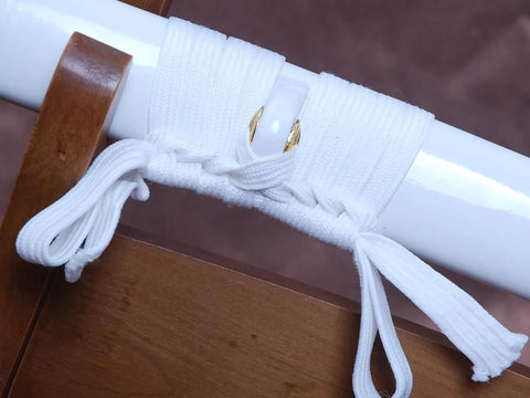 Close-up of 4.4 Yard Synthetic Silk Ito Tsukamaki Sageo Cord, white, wrapped on katana scabbard for DIY sword maintenance, 400cm