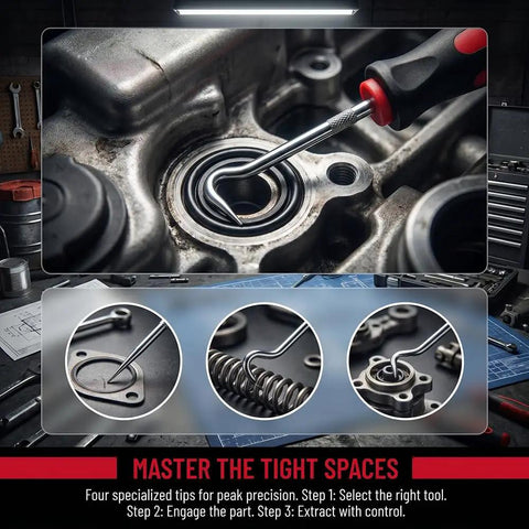 4 Piece Pick And Hook Tools Set For Auto And Home Use removes O rings, showing tool in engine with close-up of picks in use