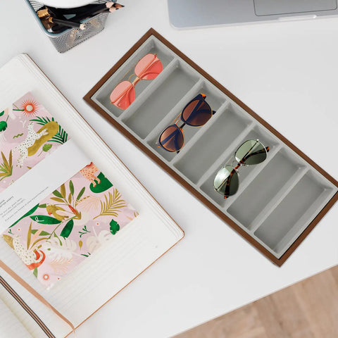Rustic Walnut Wood Seven Grid Sunglasses Storage Tray With Cozy Gray Velvet Padding To Keep Your Specs Fresh And Bring Some Dope Vibes To Your Daily Counter Setup with sunglasses.