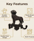 Built Solid Cast Iron Wall Mount Pet Hooks Set Of Two Double Hook Design Rustic Brown Finish includes durable dog-shaped design for multi-purpose use.