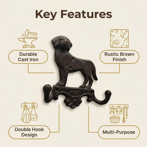 Built Solid Cast Iron Wall Mount Pet Hooks Set Of Two Double Hook Design Rustic Brown Finish includes durable dog-shaped design for multi-purpose use.